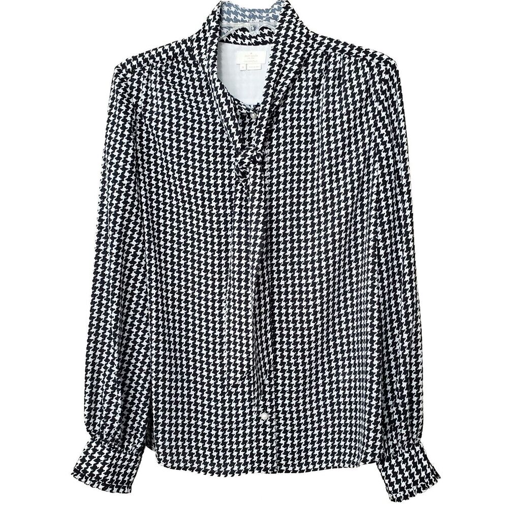 Kate Spade Houndstooth Tie-Neck Pearl Button-Up Shirt, M